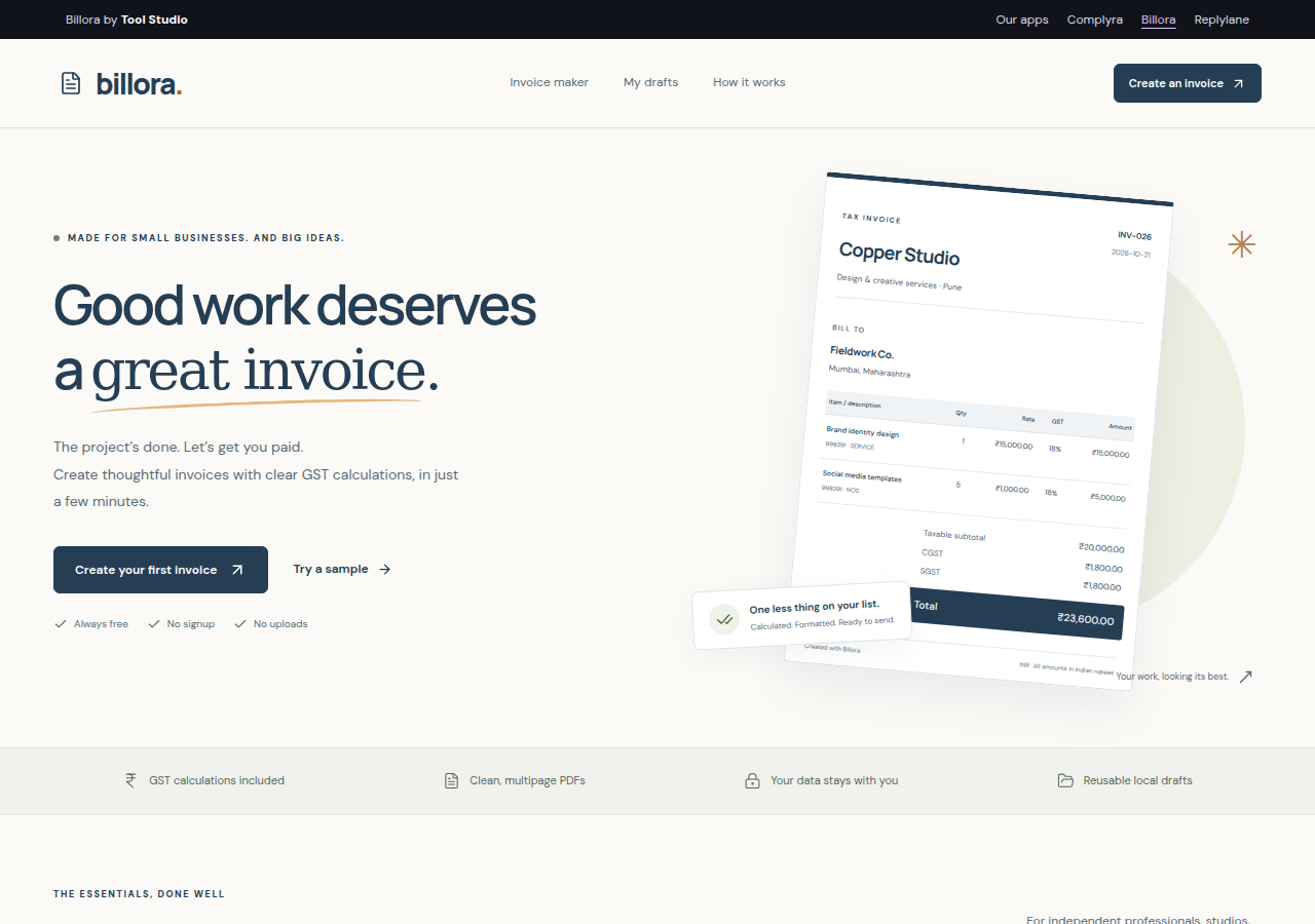Billora app homepage showing its tools and an example workflow