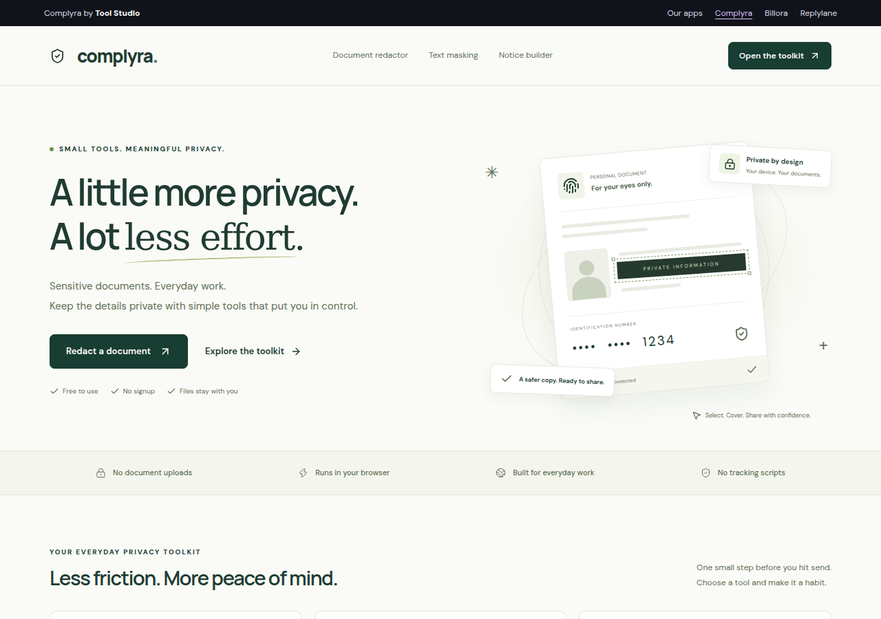 Complyra app homepage showing its tools and an example workflow