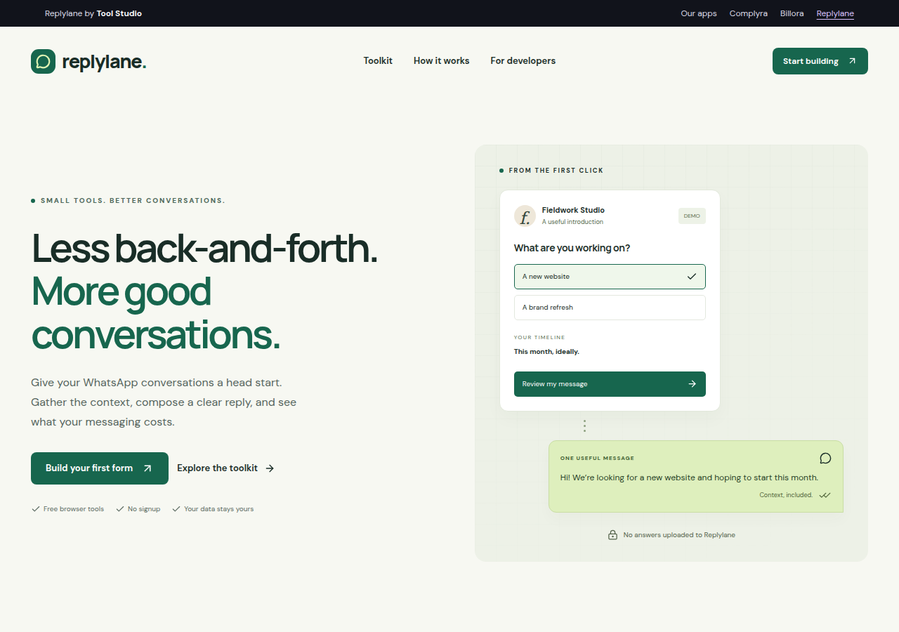 Replylane app homepage showing its tools and an example workflow